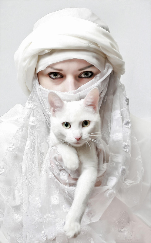 Jolie femme  et  son chat blanc  ...